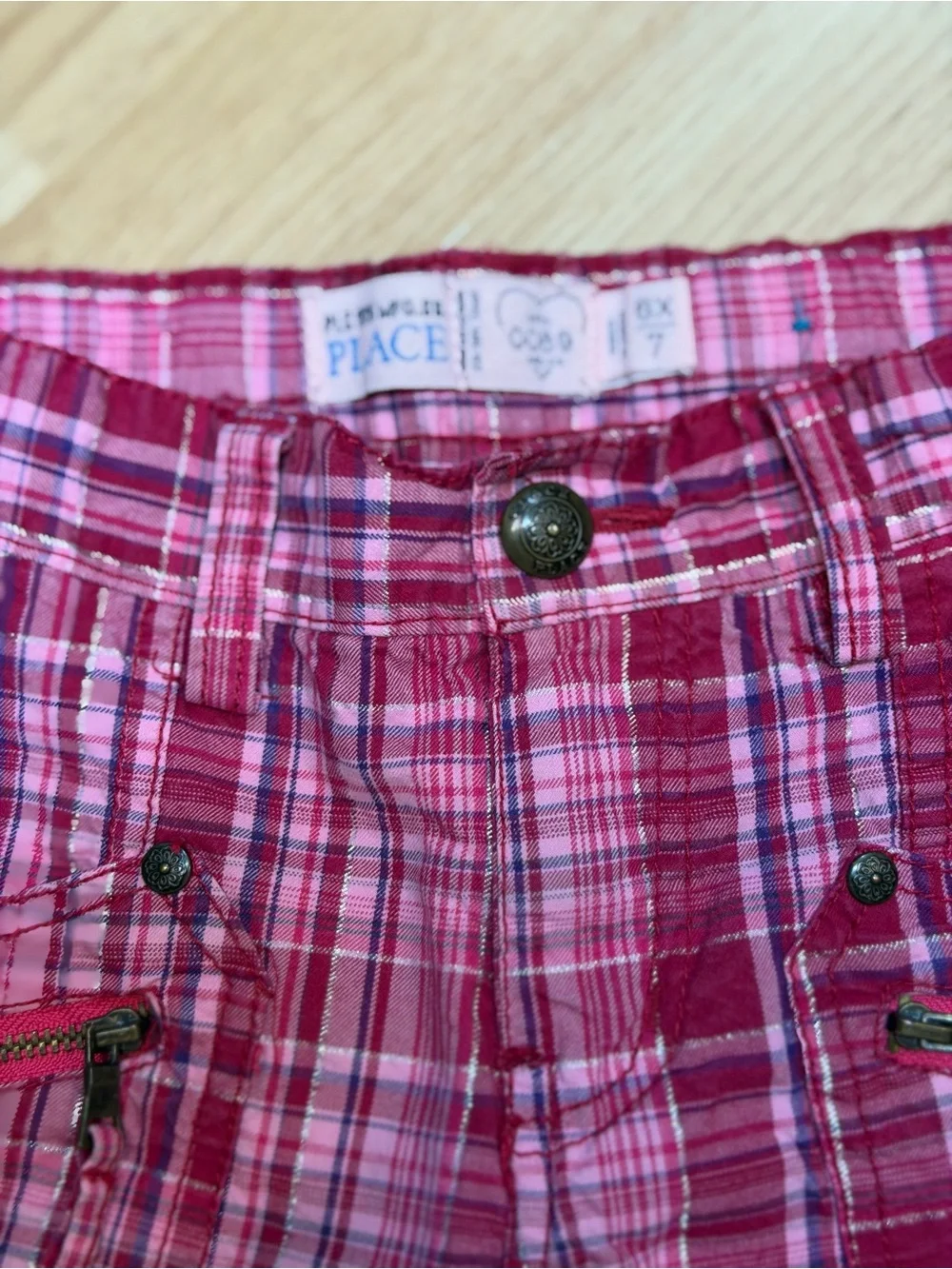 The Children’s Place Girls Pink Plaid Cargo Pants Zip Pockets Size 6X/7